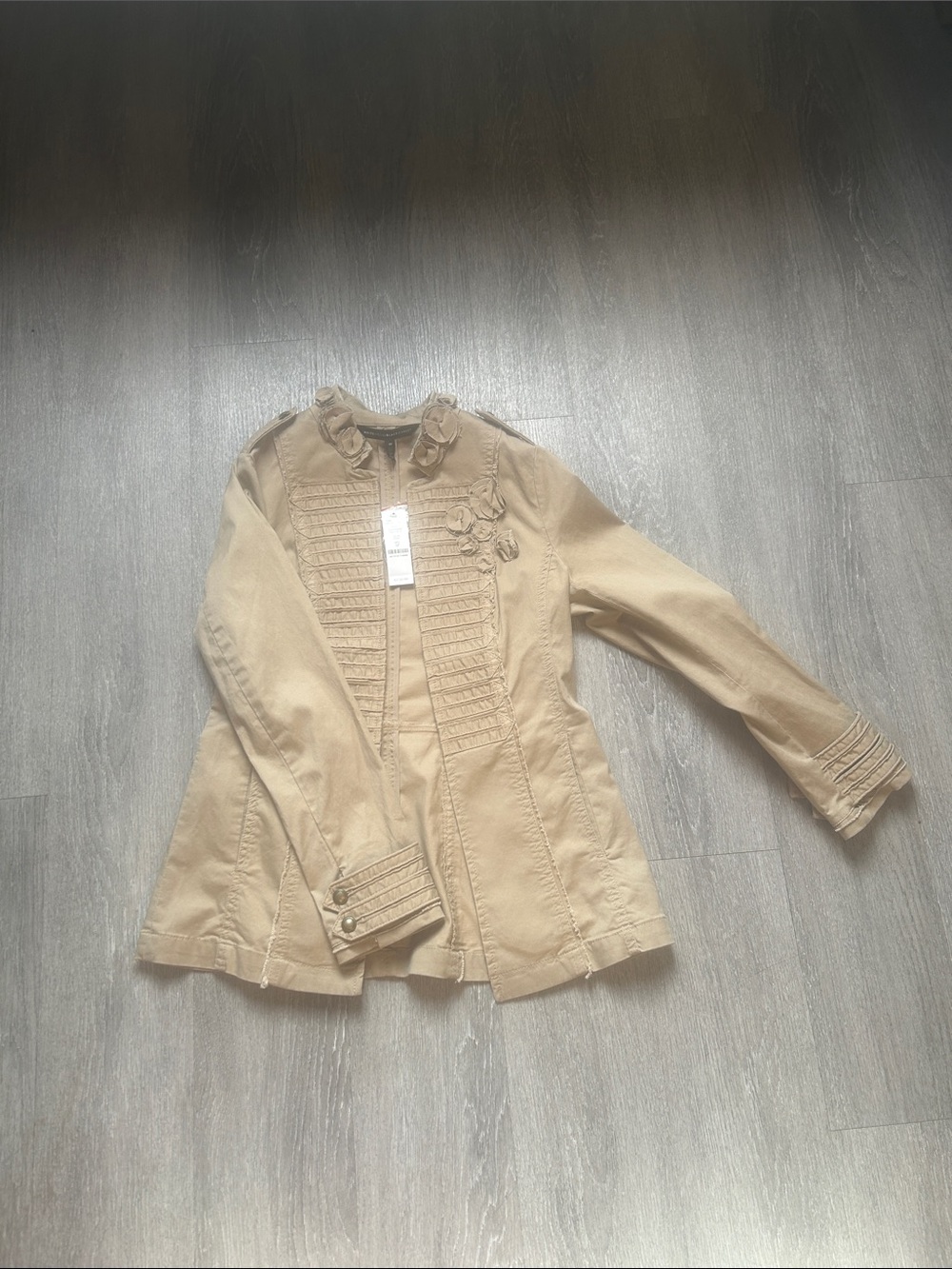 White House Black Market Khaki Utility Jacket with Ruffle Trim